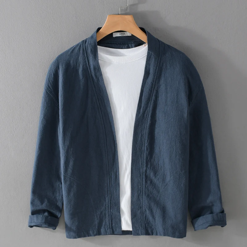 Herren Offene Leinen-Overjacket mit Kimono-Kragen und Relaxed-Fit Drune