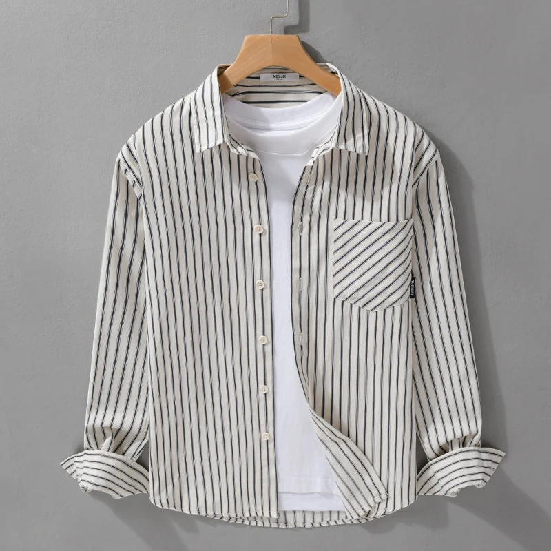 Herren Nadelstreifen-Langarm-Hemdjacke im Overshirt‑Stil aus leichtem Baumwollmix mit diagonaler Brusttasche Drune