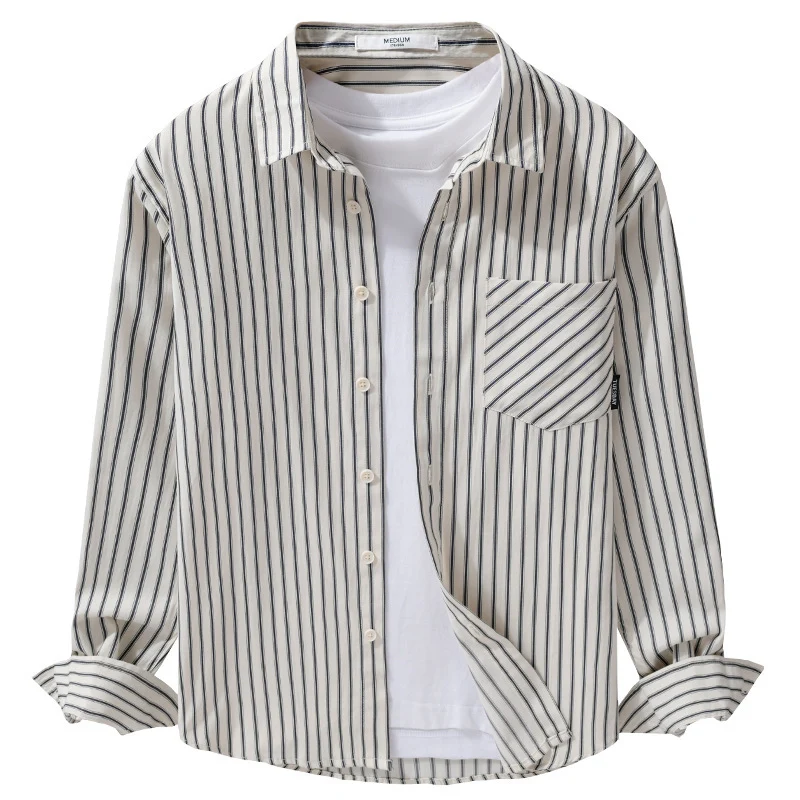 Herren Nadelstreifen-Langarm-Hemdjacke im Overshirt‑Stil aus leichtem Baumwollmix mit diagonaler Brusttasche Drune