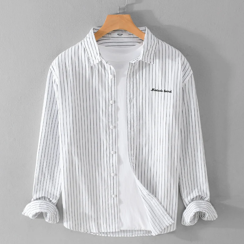 Herren Nadelstreifen-Lagenhemd im Overshirt-Stil mit dezenter Bruststickerei Drune
