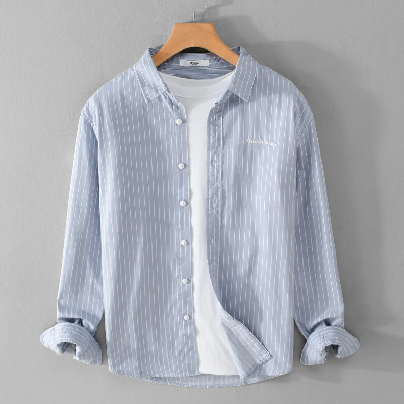 Herren Nadelstreifen-Lagenhemd im Overshirt-Stil mit dezenter Bruststickerei Drune