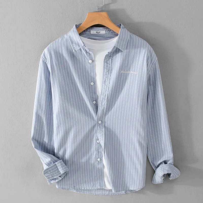 Herren Nadelstreifen-Lagenhemd im Overshirt-Stil mit dezenter Bruststickerei Drune