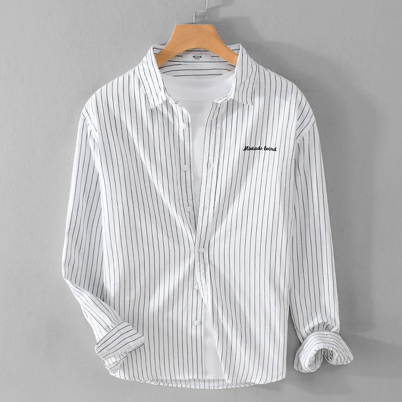 Herren Nadelstreifen-Lagenhemd im Overshirt-Stil mit dezenter Bruststickerei Drune