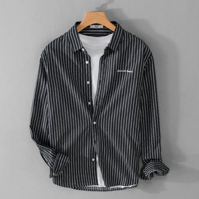 Herren Nadelstreifen-Lagenhemd im Overshirt-Stil mit dezenter Bruststickerei Drune