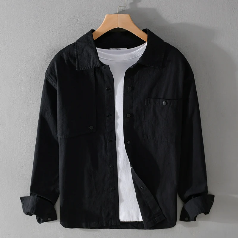 Herren Minimalistisches Baumwoll-Utility-Overshirt mit Druckknopf-Leiste und Brusttaschen Drune