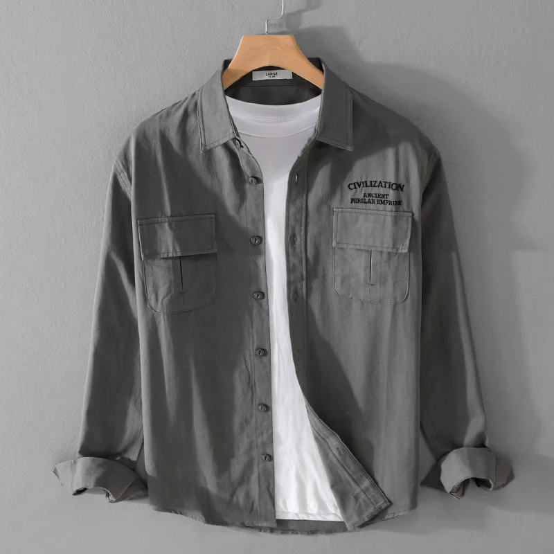 Herren Militärisch inspiriertes Overshirt mit Doppel-Brusttaschen und dezenter Stickerei Drune
