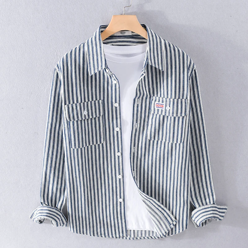 Herren Maritimes Streifen-Überhemd aus Baumwoll‑Twill mit Brustklappen und Relaxed-Fit Drune