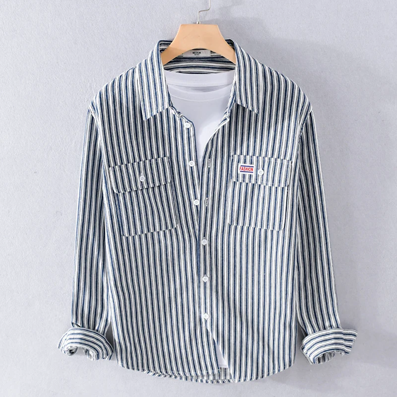 Herren Maritimes Streifen-Überhemd aus Baumwoll‑Twill mit Brustklappen und Relaxed-Fit Drune