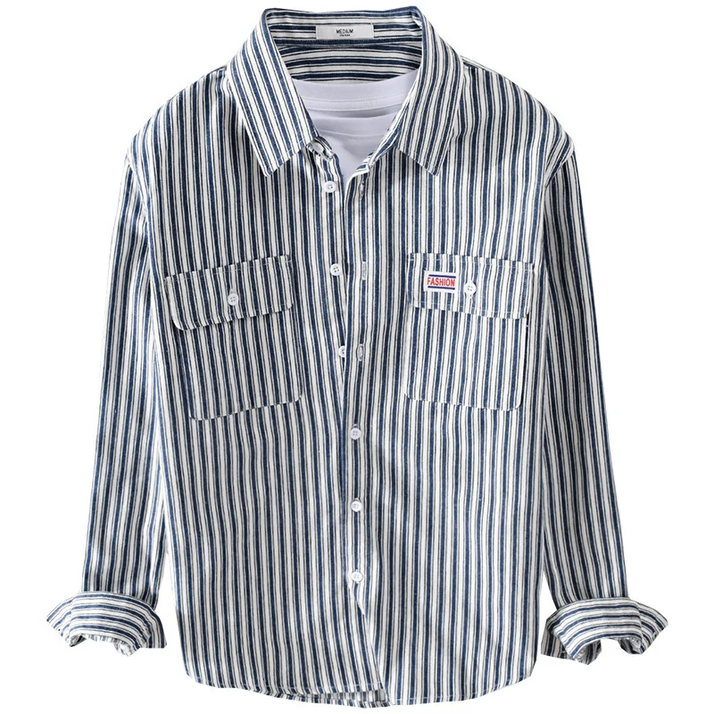 Herren Maritimes Streifen-Überhemd aus Baumwoll‑Twill mit Brustklappen und Relaxed-Fit Drune