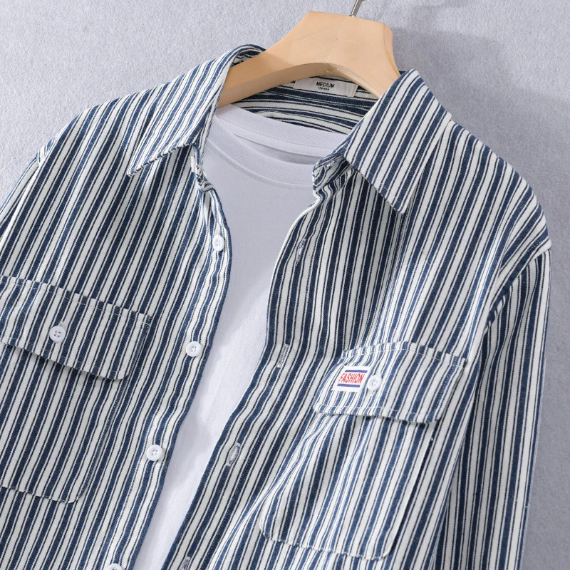 Herren Maritimes Streifen-Überhemd aus Baumwoll‑Twill mit Brustklappen und Relaxed-Fit Drune