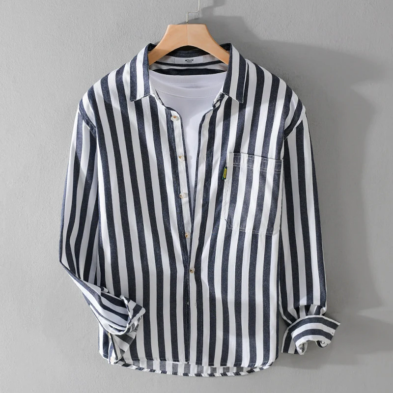 Herren Maritim-inspiriertes Streifen-Relax-Overshirt aus weichem Baumwolltwill mit aufgesetzter Brusttasche Drune