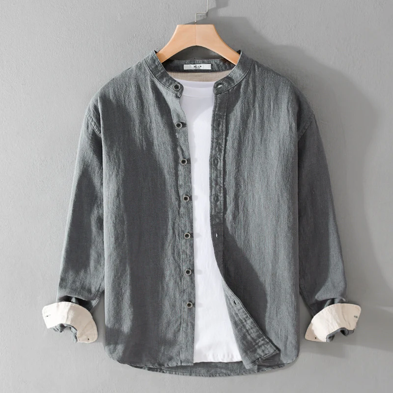 Herren Mandarinhemd aus Leinen‑Baumwollmix, Relaxed Fit Drune