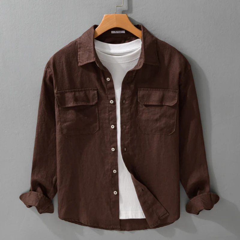 Herren Lockeres Leinen-Overshirt mit Brusttaschen und Knopfleiste Drune