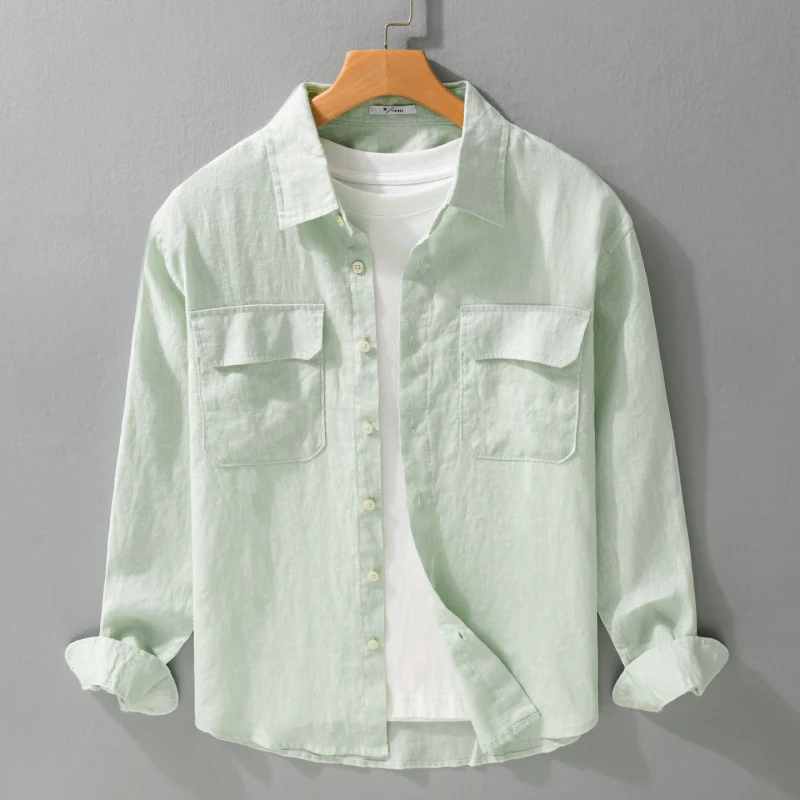 Herren Lockeres Leinen-Overshirt mit Brusttaschen und Knopfleiste Drune