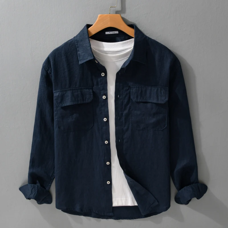 Herren Lockeres Leinen-Overshirt mit Brusttaschen und Knopfleiste Drune