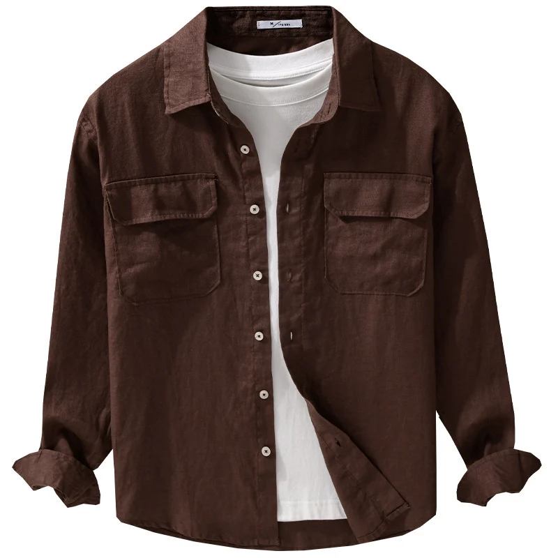 Herren Lockeres Leinen-Overshirt mit Brusttaschen und Knopfleiste Drune