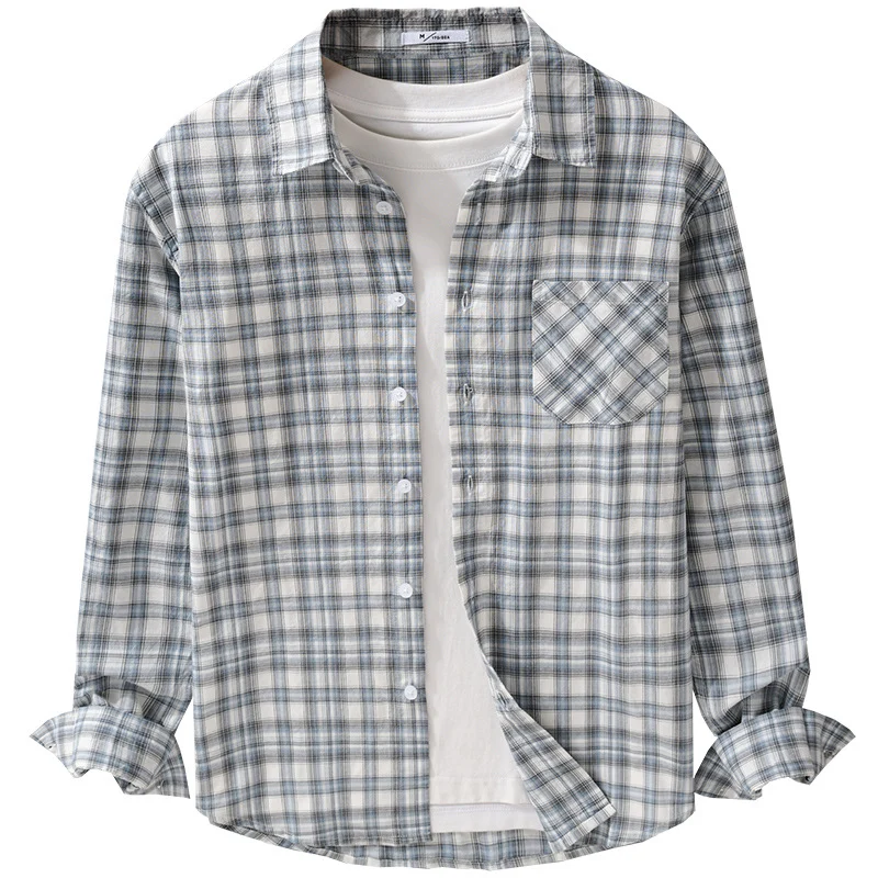 Herren Lockeres Karo-Layering-Hemd aus leichtem Baumwollmix mit aufgesetzter diagonal gemusterter Brusttasche Drune