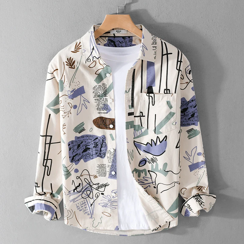 Herren Lockeres Hemdjacken-Overshirt mit abstraktem Skizzenprint, Brusttasche und weichem Baumwollgriff Drune