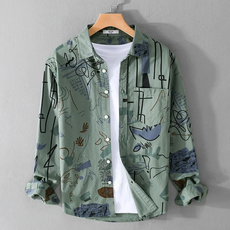 Herren Lockeres Hemdjacken-Overshirt mit abstraktem Skizzenprint, Brusttasche und weichem Baumwollgriff Drune
