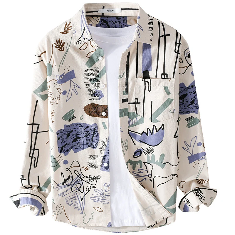 Herren Lockeres Hemdjacken-Overshirt mit abstraktem Skizzenprint, Brusttasche und weichem Baumwollgriff Drune