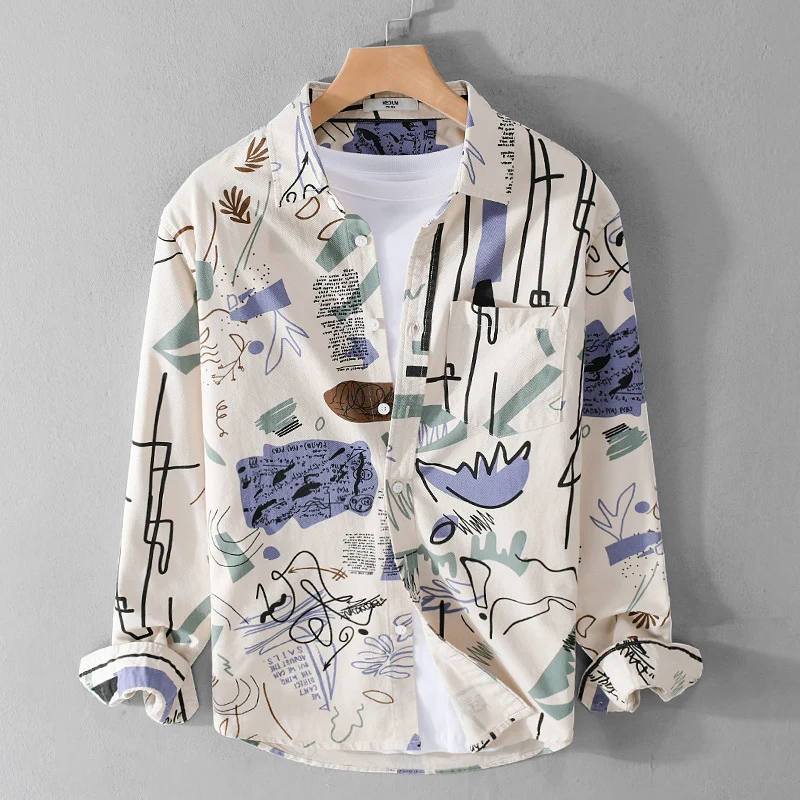 Herren Lockeres Hemdjacken-Overshirt mit abstraktem Skizzenprint, Brusttasche und weichem Baumwollgriff Drune