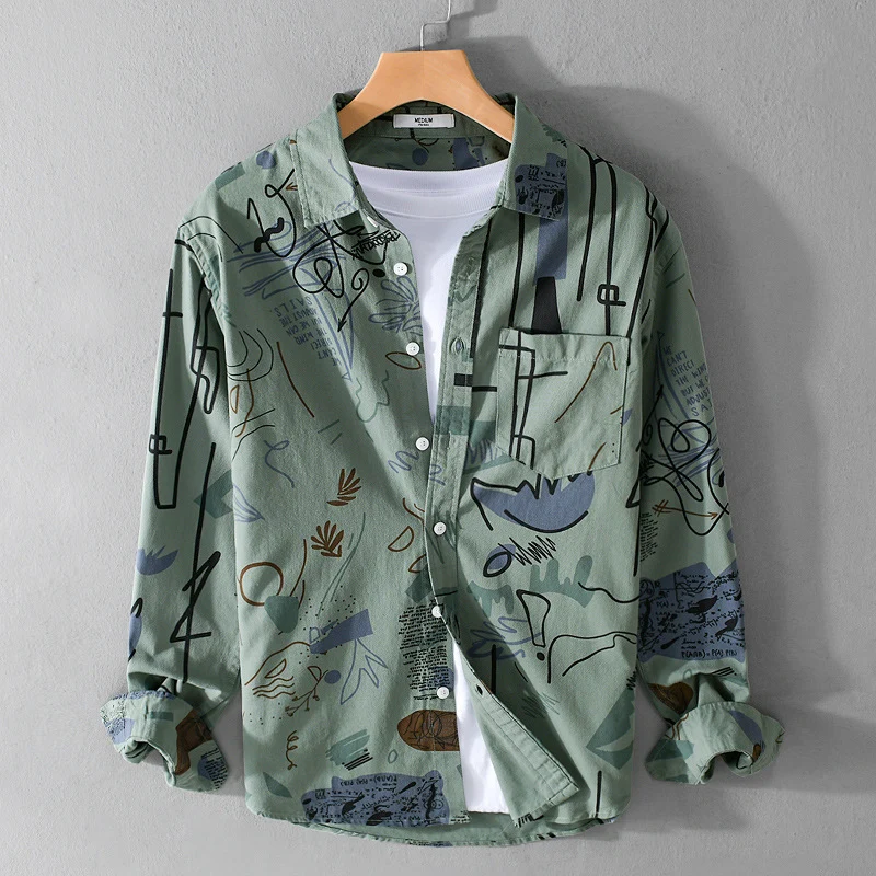 Herren Lockeres Hemdjacken-Overshirt mit abstraktem Skizzenprint, Brusttasche und weichem Baumwollgriff Drune