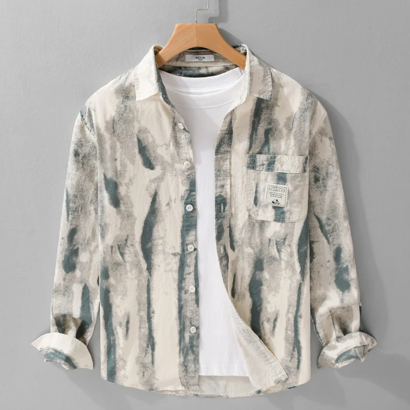 Herren Lockeres Hemdjacken-Overshirt aus Leinen-Baumwollmix mit abstraktem Brush‑Print und Kentkragen Drune