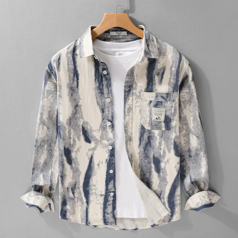 Herren Lockeres Hemdjacken-Overshirt aus Leinen-Baumwollmix mit abstraktem Brush‑Print und Kentkragen Drune