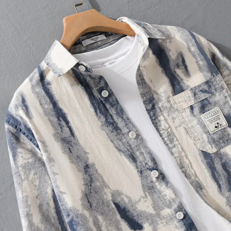 Herren Lockeres Hemdjacken-Overshirt aus Leinen-Baumwollmix mit abstraktem Brush‑Print und Kentkragen Drune