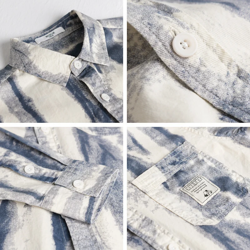 Herren Lockeres Hemdjacken-Overshirt aus Leinen-Baumwollmix mit abstraktem Brush‑Print und Kentkragen Drune