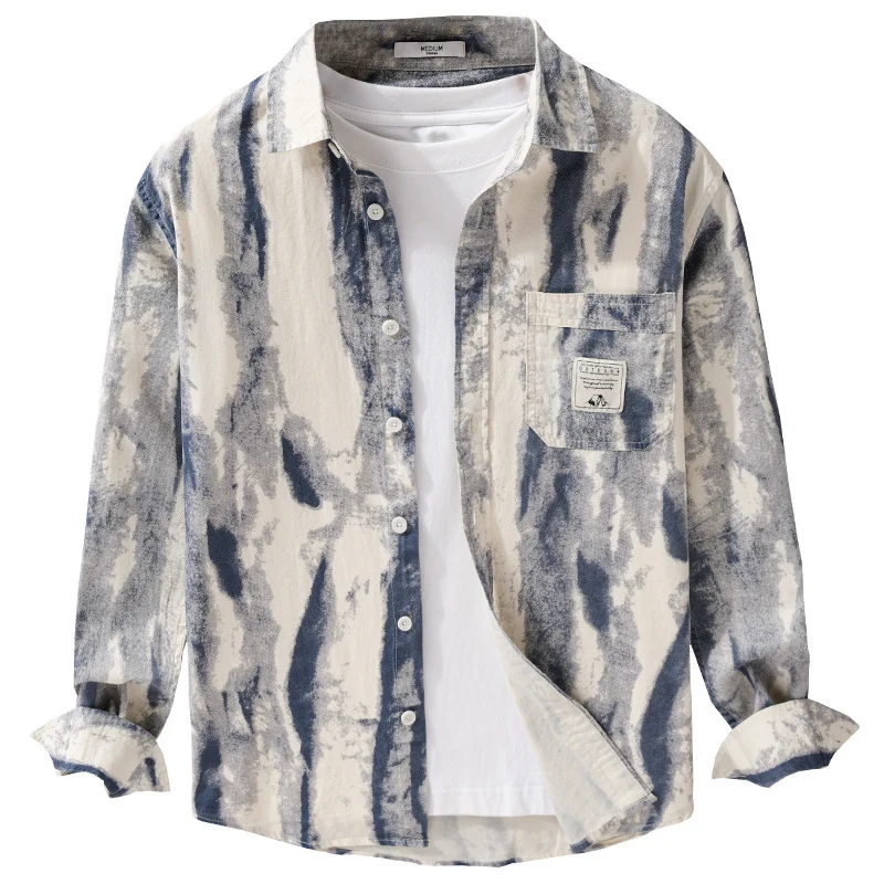 Herren Lockeres Hemdjacken-Overshirt aus Leinen-Baumwollmix mit abstraktem Brush‑Print und Kentkragen Drune