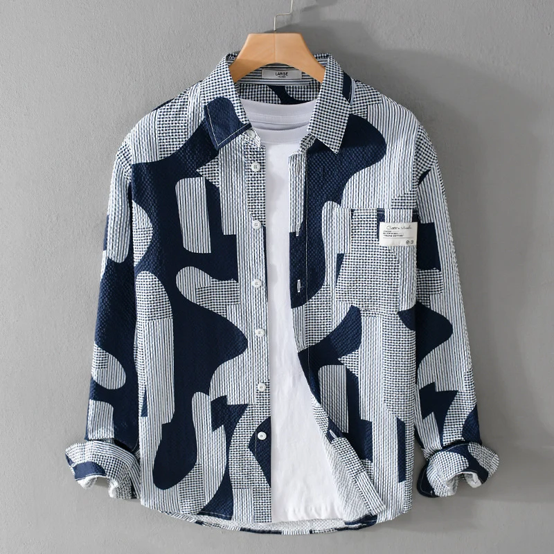 Herren Lockeres gemustertes Baumwoll-Overshirt mit Crinkle‑Struktur Drune