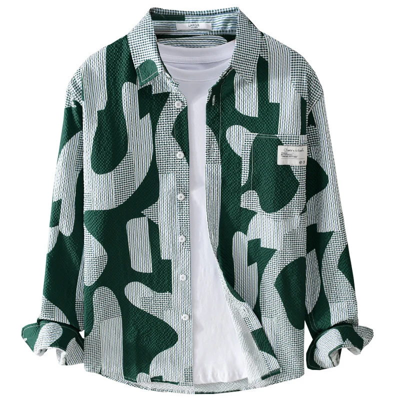 Herren Lockeres gemustertes Baumwoll-Overshirt mit Crinkle‑Struktur Drune