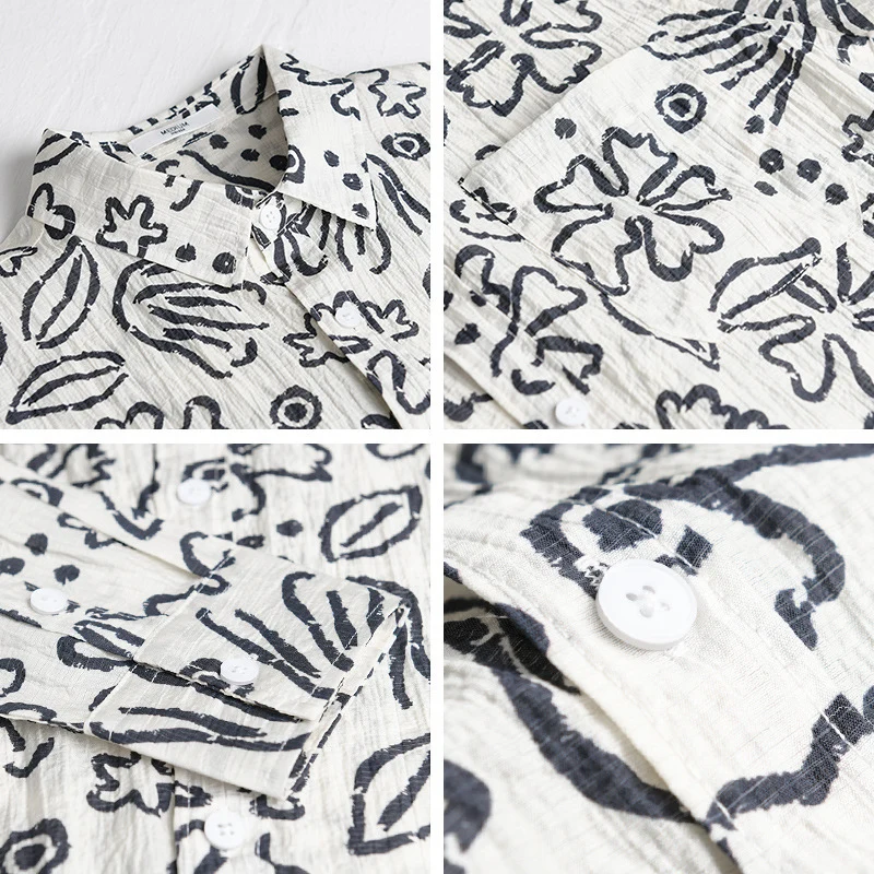 Herren Lockeres Crinkle-Hemd mit handgezeichnetem Blumenprint und Brusttasche Drune