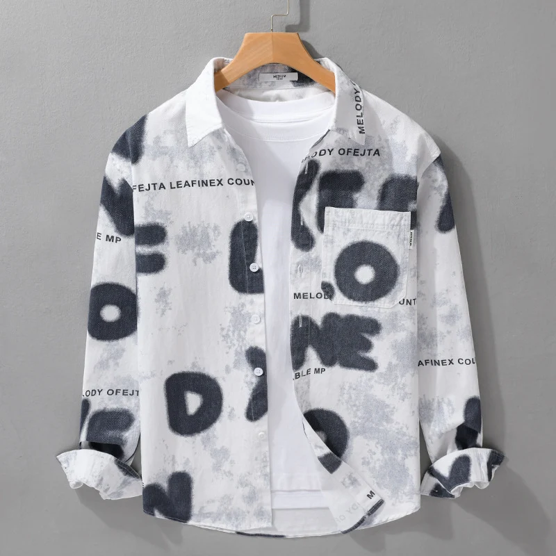 Herren Lockeres Baumwollhemd im Street‑Art‑Print mit aufgesetzter Brusttasche Drune