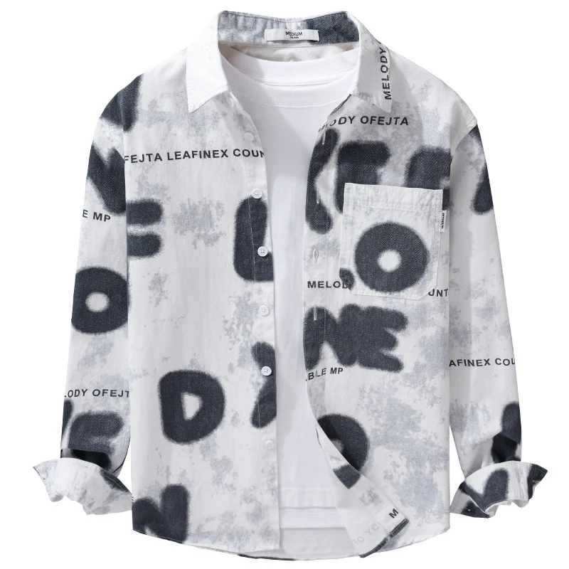 Herren Lockeres Baumwollhemd im Street‑Art‑Print mit aufgesetzter Brusttasche Drune