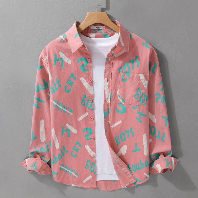Herren Lockeres Baumwoll-Overshirt mit grafischem Allover-Print und Kentkragen Drune