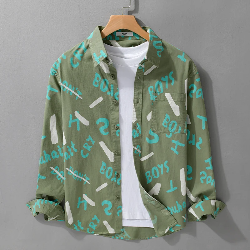 Herren Lockeres Baumwoll-Overshirt mit grafischem Allover-Print und Kentkragen Drune