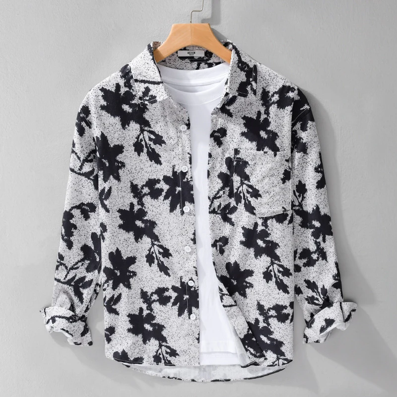 Herren Lockeres Baumwoll-Layering-Overshirt mit painterly Blumenallover und Brusttasche Drune