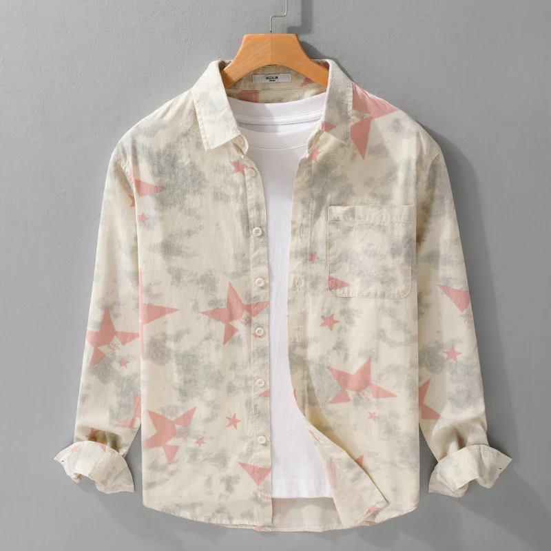 Herren Lockeres Baumwoll-Blend Overshirt mit Stern-Print und Brusttasche Drune