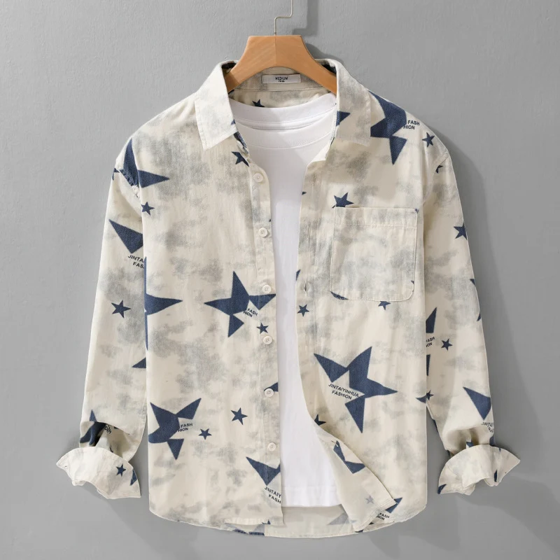 Herren Lockeres Baumwoll-Blend Overshirt mit Stern-Print und Brusttasche Drune
