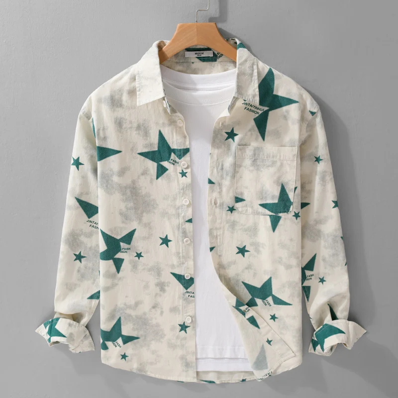 Herren Lockeres Baumwoll-Blend Overshirt mit Stern-Print und Brusttasche Drune