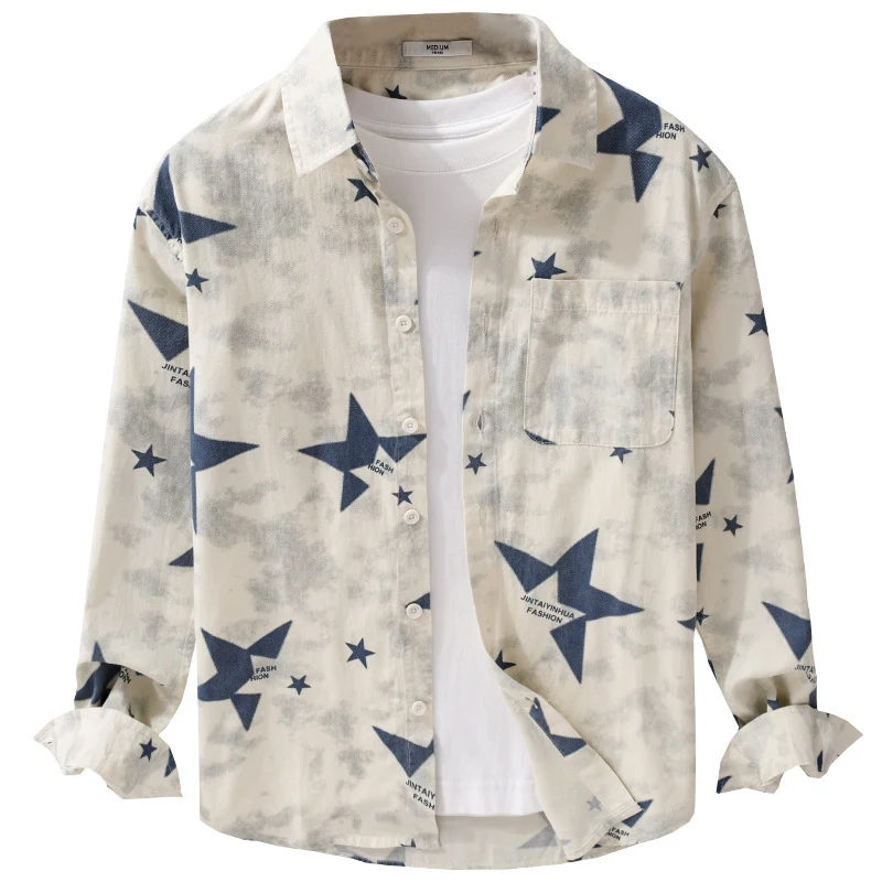 Herren Lockeres Baumwoll-Blend Overshirt mit Stern-Print und Brusttasche Drune