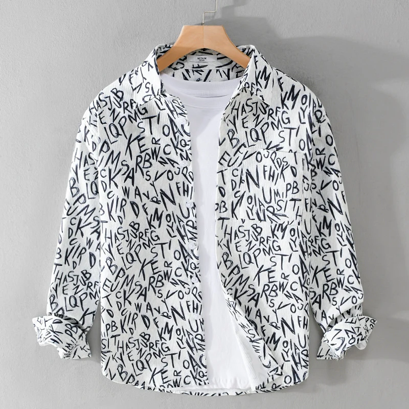 Herren Locker geschnittenes Langarm-Overshirt mit Allover-Letterprint und Brusttasche Drune