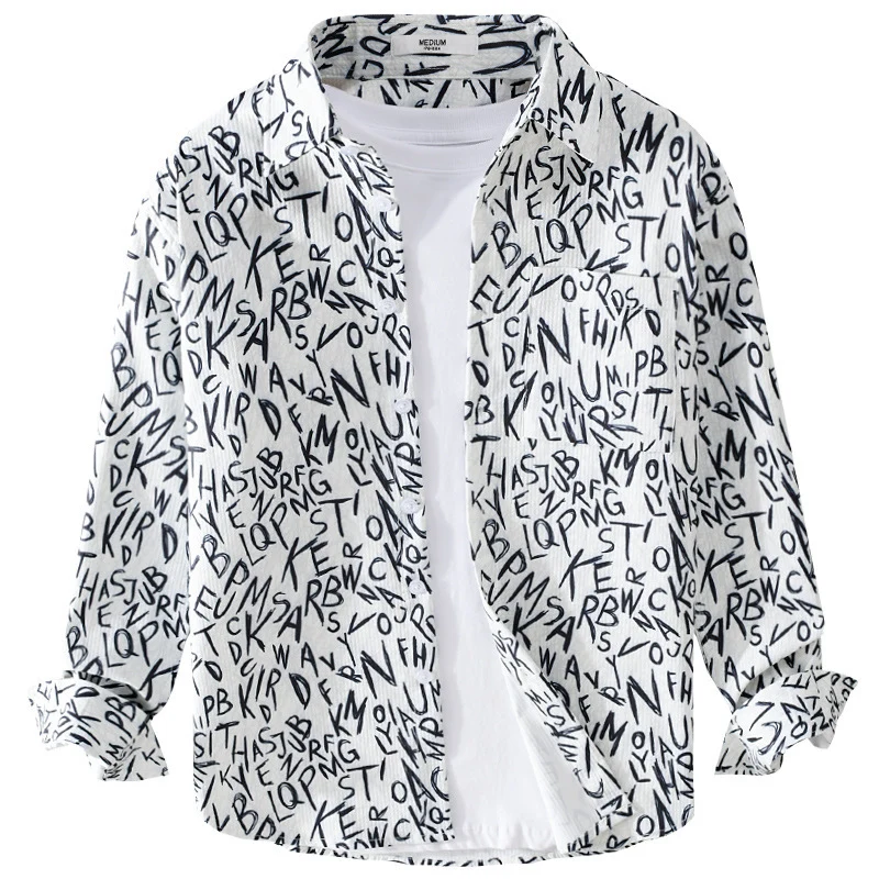 Herren Locker geschnittenes Langarm-Overshirt mit Allover-Letterprint und Brusttasche Drune