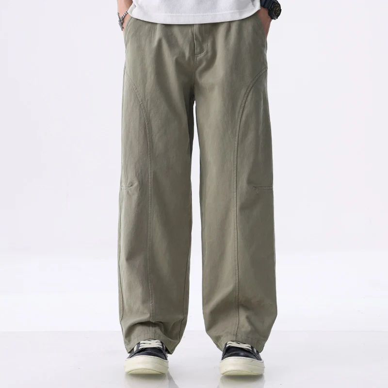 Herren Locker geschnittene Utility-Hose mit weitem Bein, markanten Ziernähten und elastischem Bund Drune