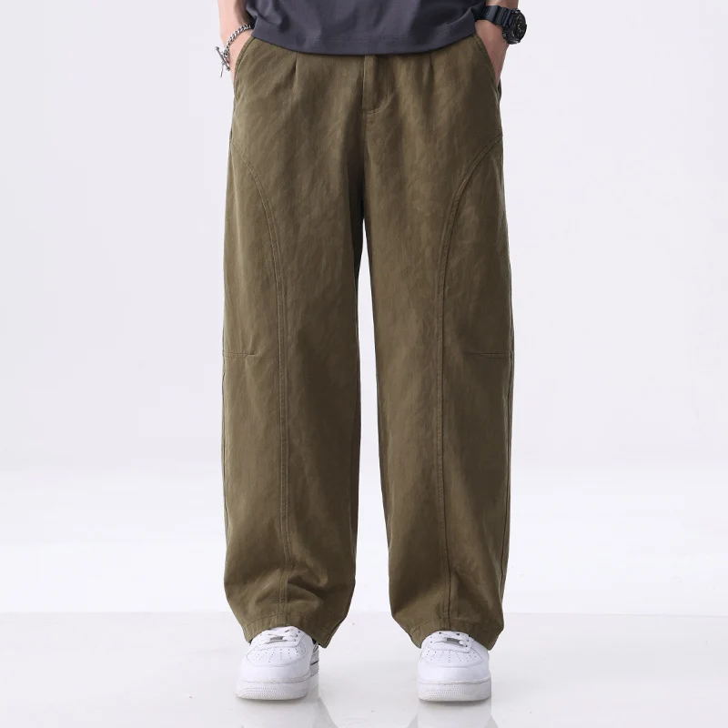 Herren Locker geschnittene Utility-Hose mit weitem Bein, markanten Ziernähten und elastischem Bund Drune