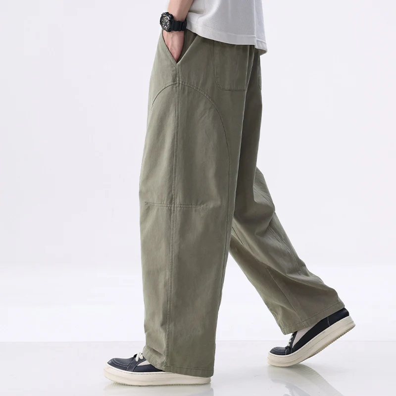 Herren Locker geschnittene Utility-Hose mit weitem Bein, markanten Ziernähten und elastischem Bund Drune