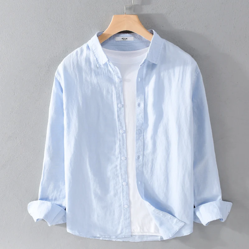 Herren Leinenmix-Layering-Overshirt mit Kentkragen, gerundetem Saum und Soft‑Touch Drune