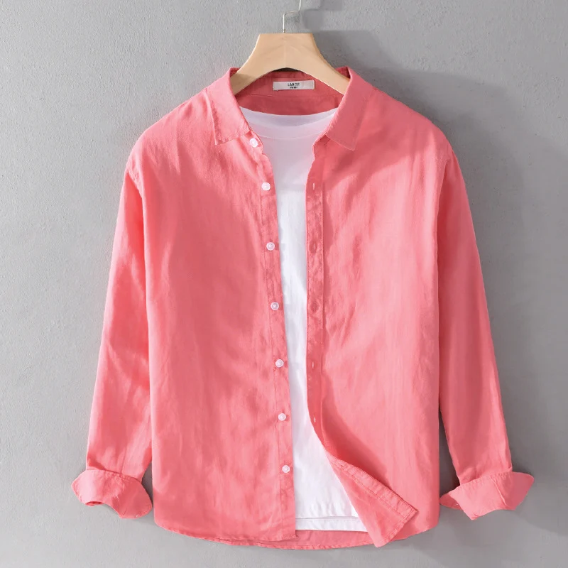 Herren Leinenmix-Layering-Overshirt mit Kentkragen, gerundetem Saum und Soft‑Touch Drune